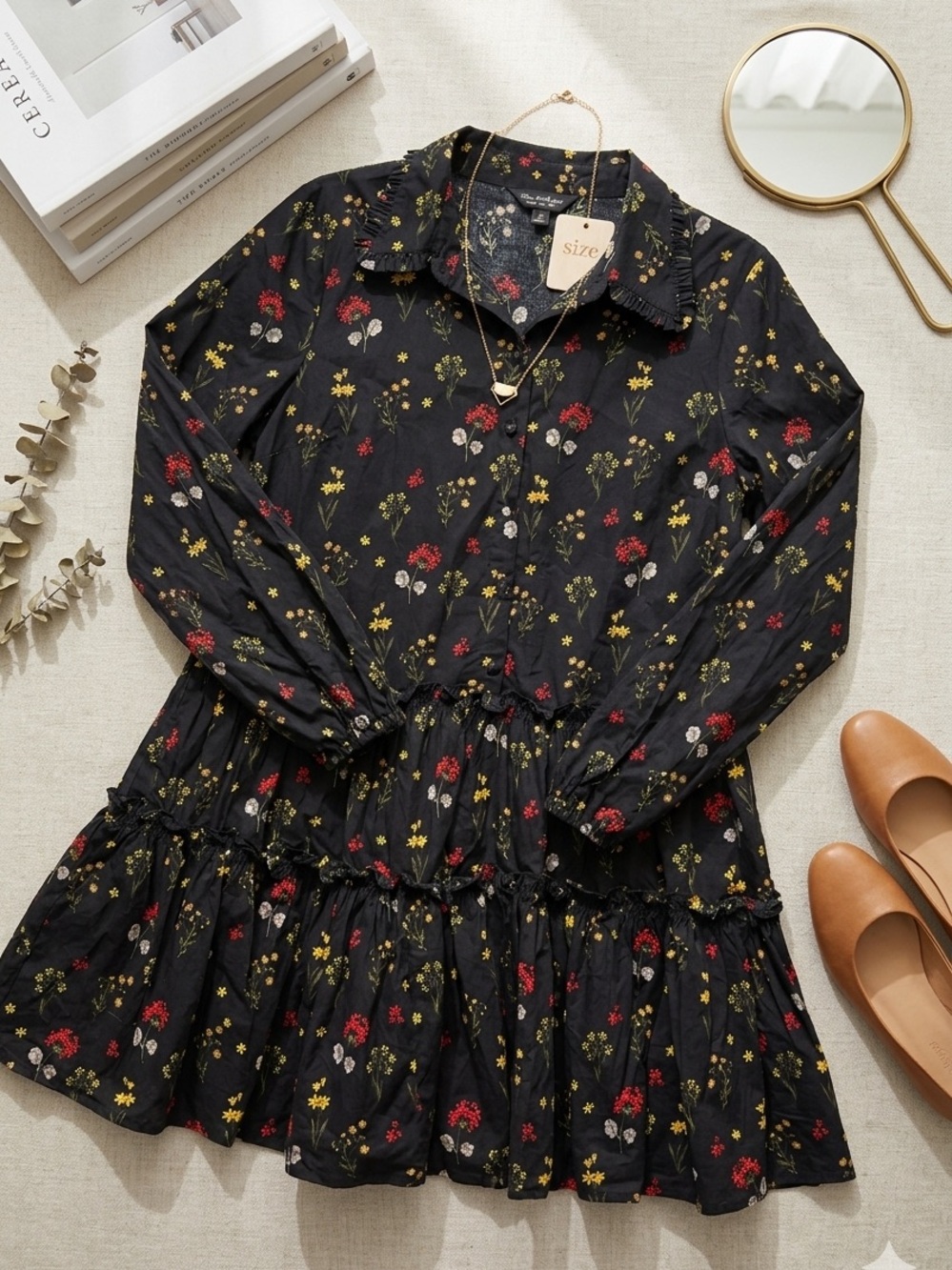 Miss Selfridge Black Floral Tiered Dress with Red, Yellow & White Flowers